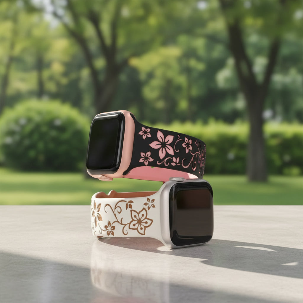 Two-Tone Laser Flower Engraved - Silicone Watch Band Strap