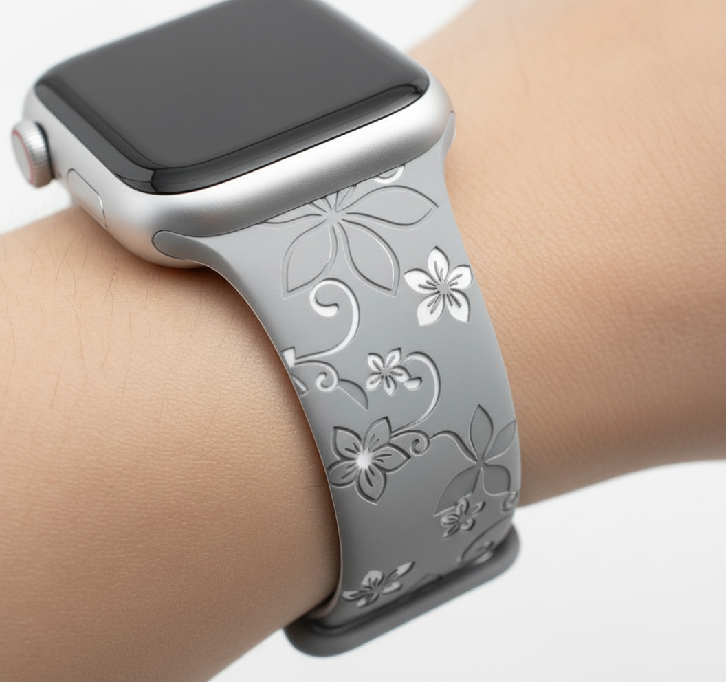 Two-Tone Laser Flower Engraved - Silicone Watch Band Strap