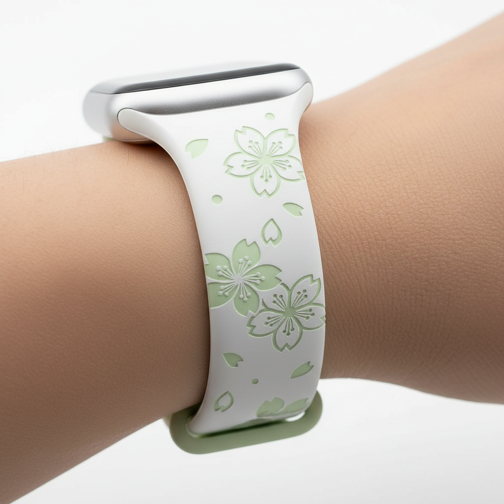 Two-Tone Laser Flower Engraved - Silicone Watch Band Strap