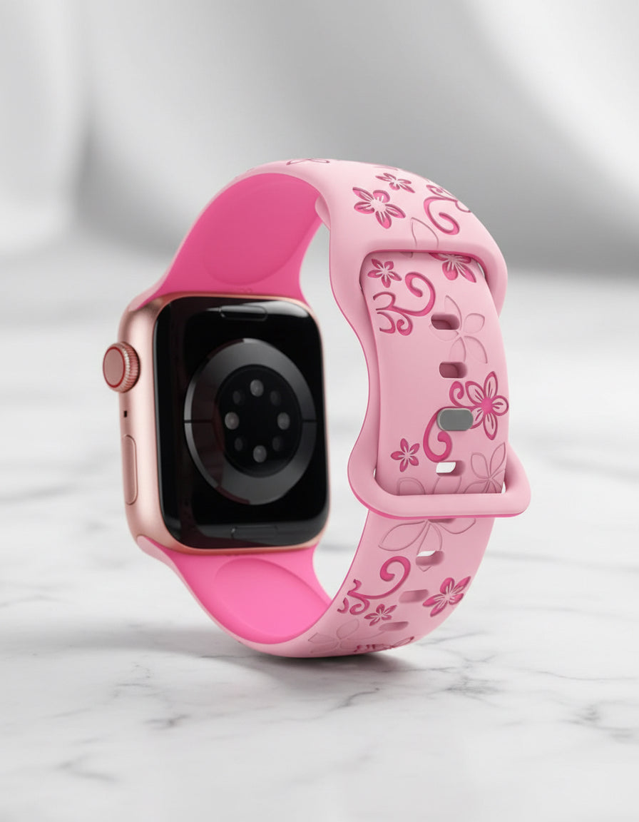 Two-Tone Laser Flower Engraved Silicone Watch Strap