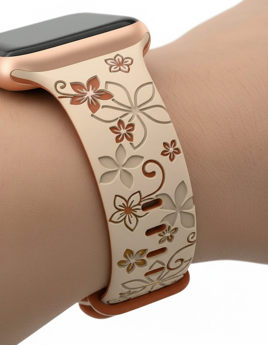 Two-Tone Laser Flower Engraved - Silicone Watch Band Strap