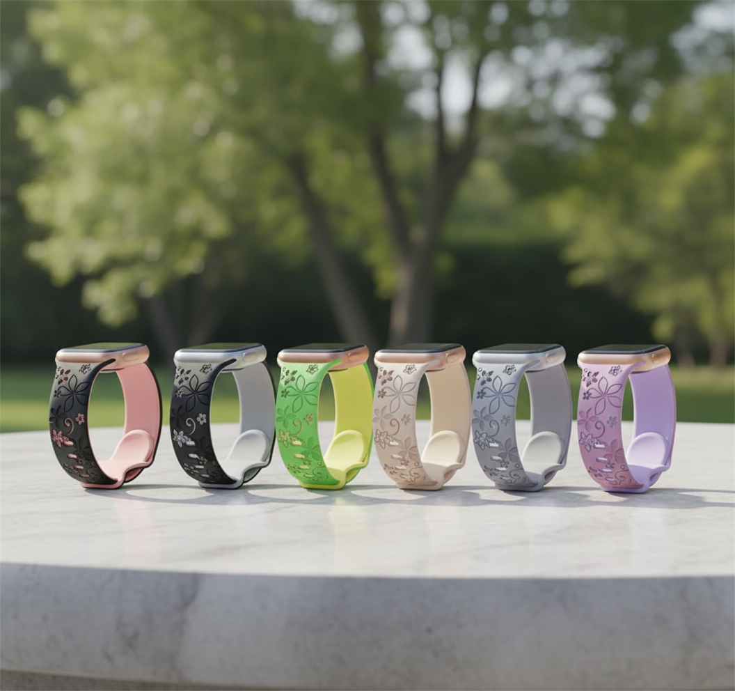 Two-Tone Laser Flower Engraved Silicone Watch Strap