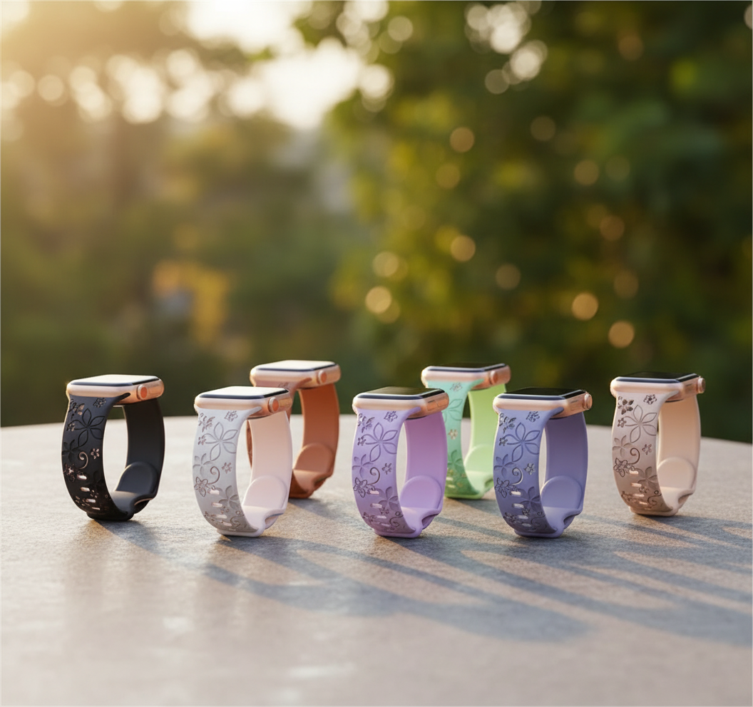 Two-Tone Laser Flower Engraved - Silicone Watch Band Strap