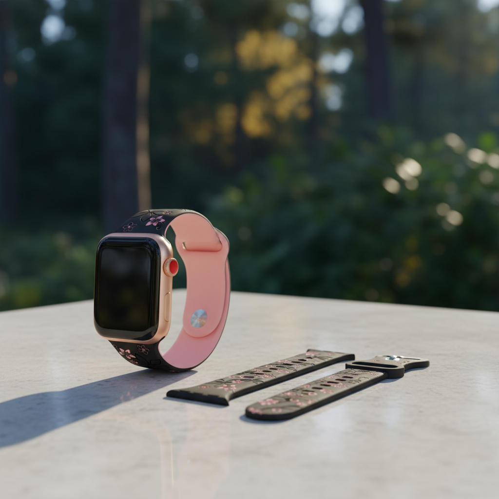 Two-Tone Laser Flower Engraved - Silicone Watch Band Strap