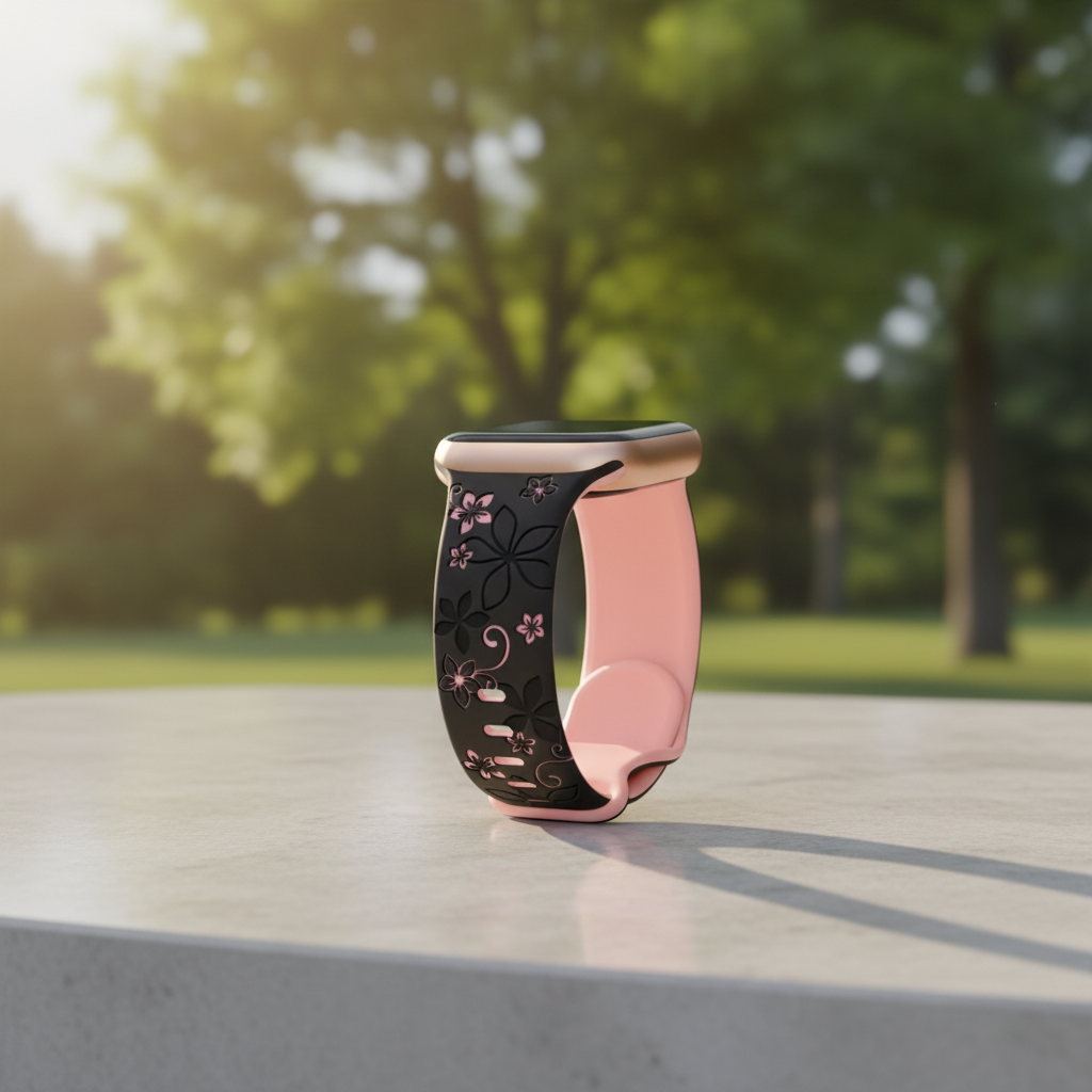 Two-Tone Laser Flower Engraved Silicone Watch Strap