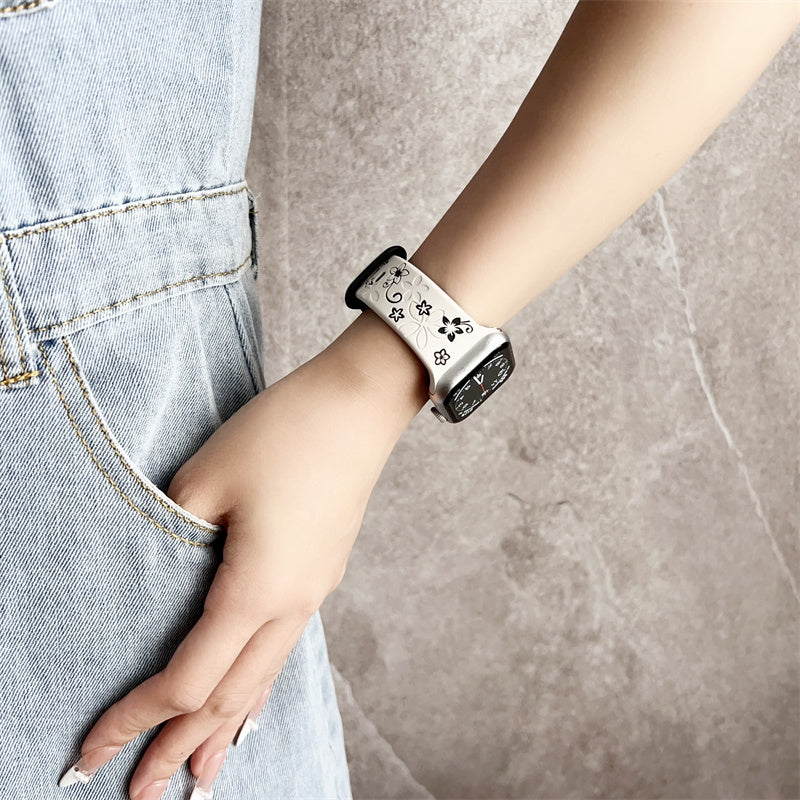 Two-Tone Laser Flower Engraved Silicone Watch Strap