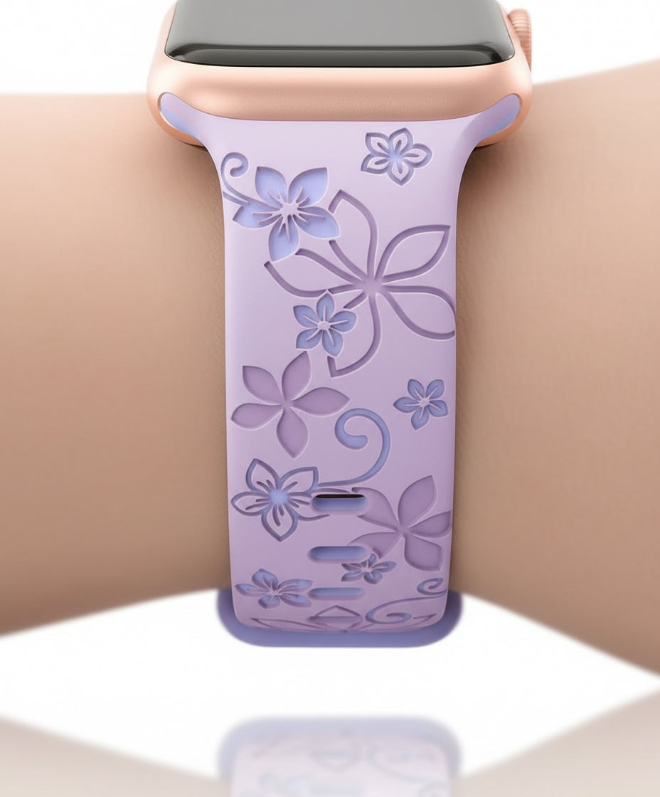 Two-Tone Laser Flower Engraved - Silicone Watch Band Strap