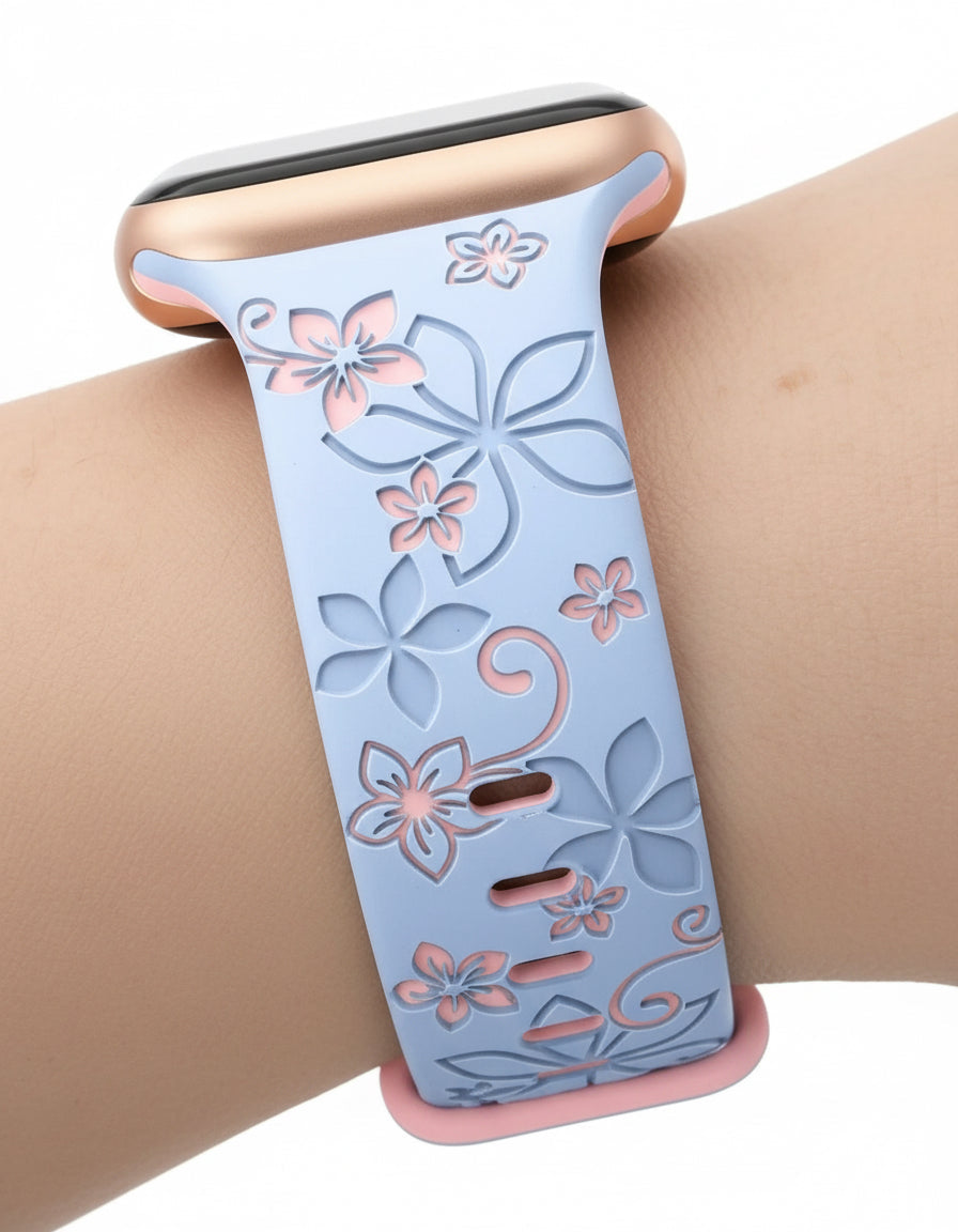 Two-Tone Laser Flower Engraved - Silicone Watch Band Strap