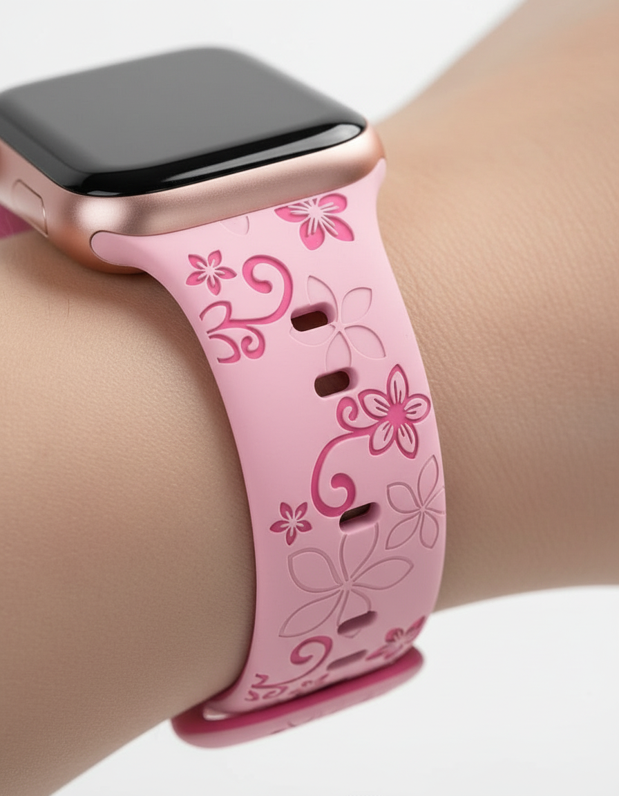 Two-Tone Laser Flower Engraved - Silicone Watch Band Strap