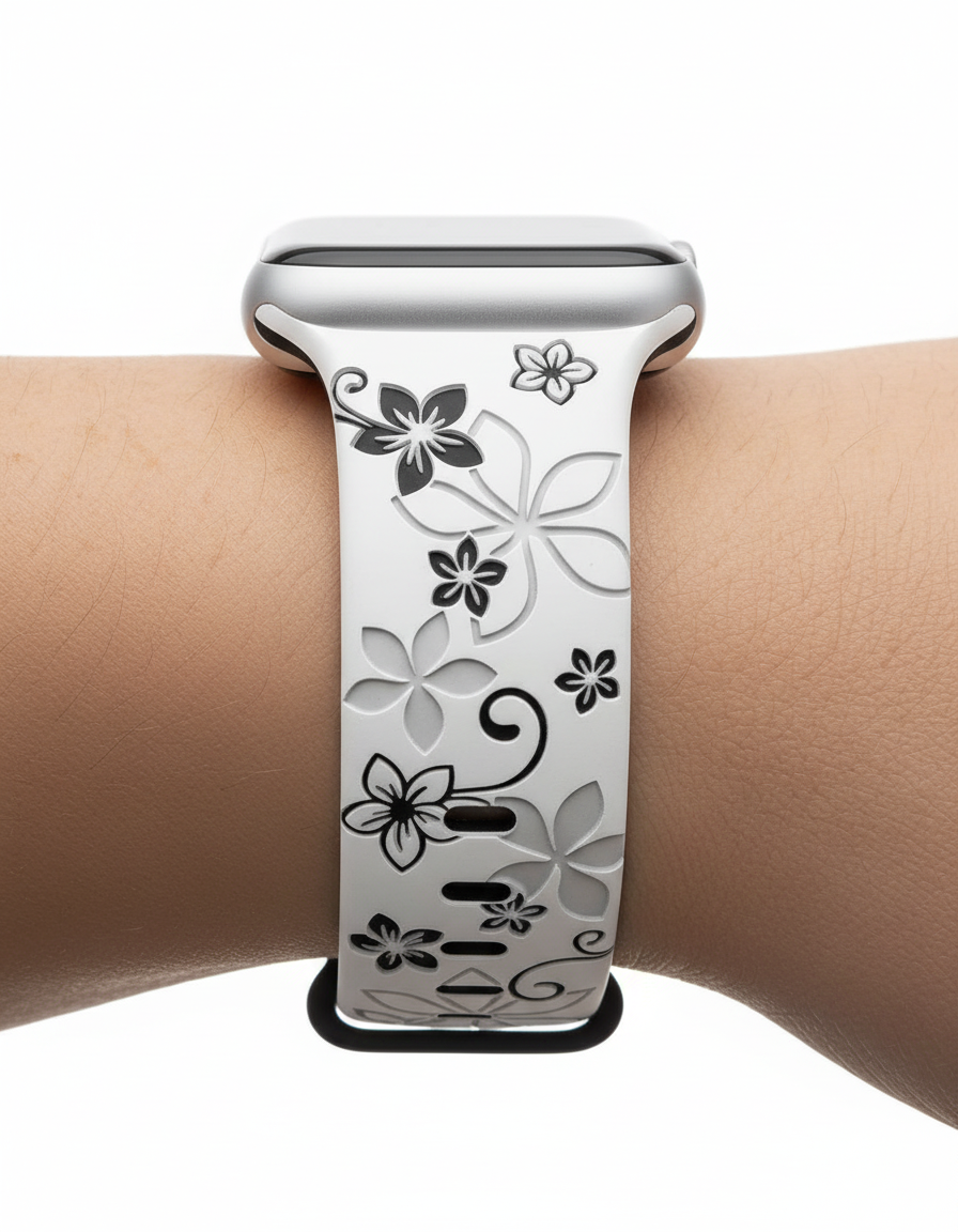 Two-Tone Laser Flower Engraved - Silicone Watch Band Strap
