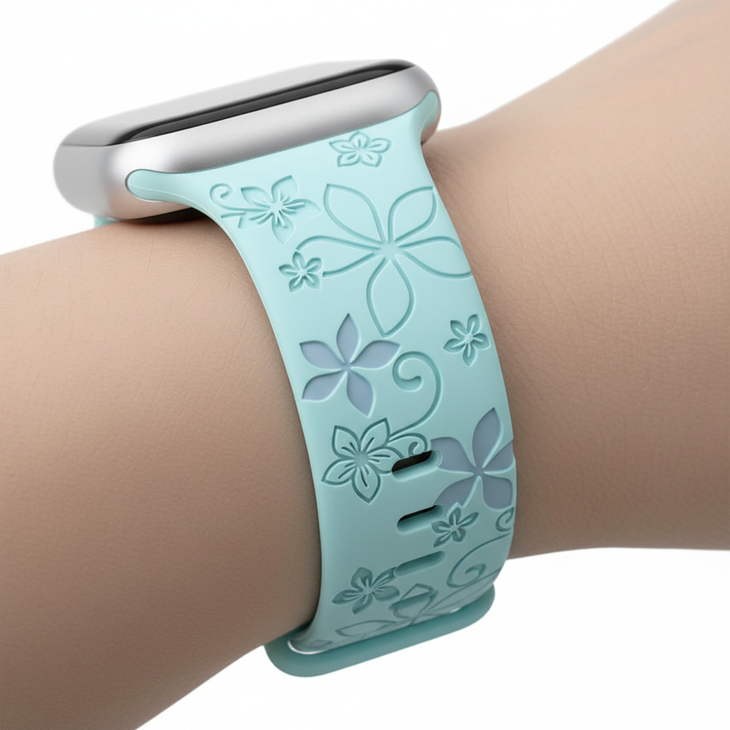 Two-Tone Laser Flower Engraved - Silicone Watch Band Strap